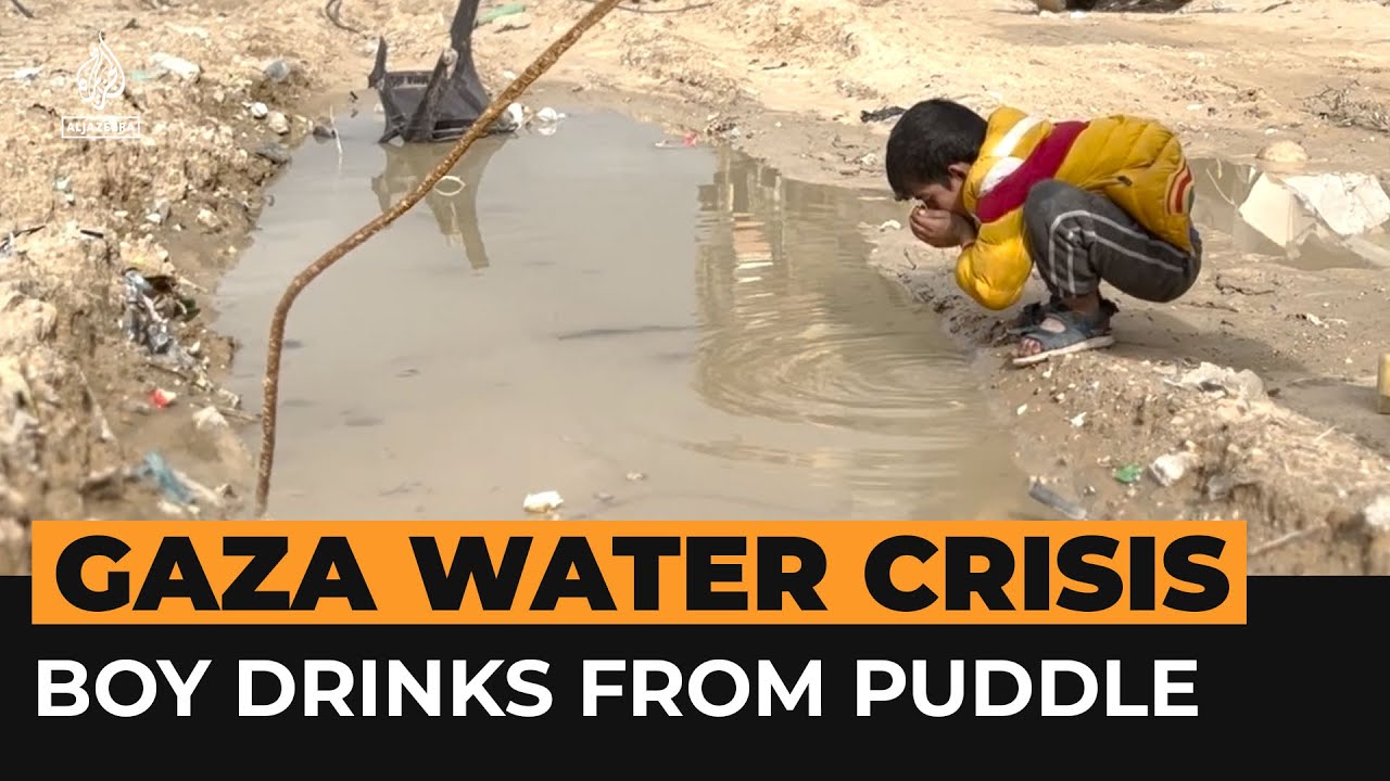 Palestinian boy drinks from puddle amid Gaza water crisis | Al Jazeera Newsfeed